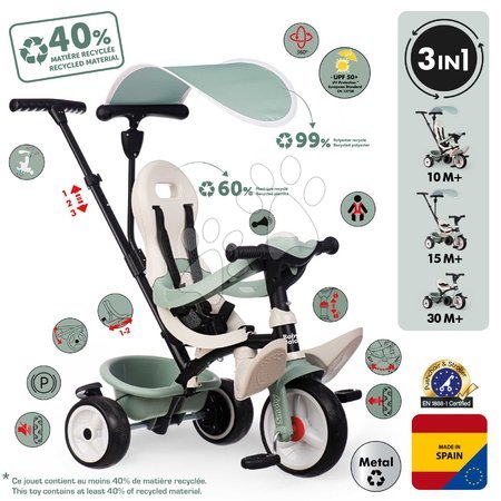 da 6 a 12 mesi - Triciclo e passeggino in uno con schienale alto Baby Balade Tricycle Life Smoby_1