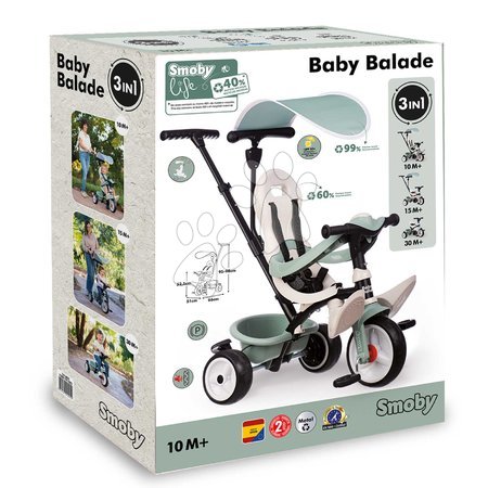 Tricicli dai 10 mesi - Triciclo e passeggino in uno con schienale alto Baby Balade Tricycle Life Smoby - 4