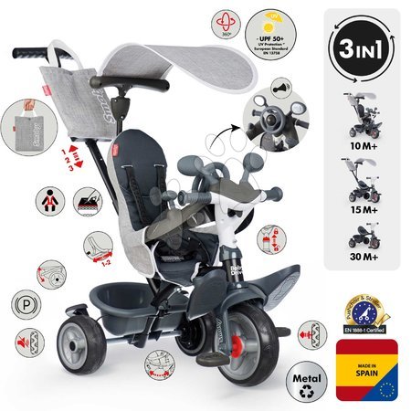 Kinderdreiräder vom Hersteller Smoby - Dreirad und Kinderwagen in einem mit Bremse Baby Driver Grey Tricycle Smoby_1