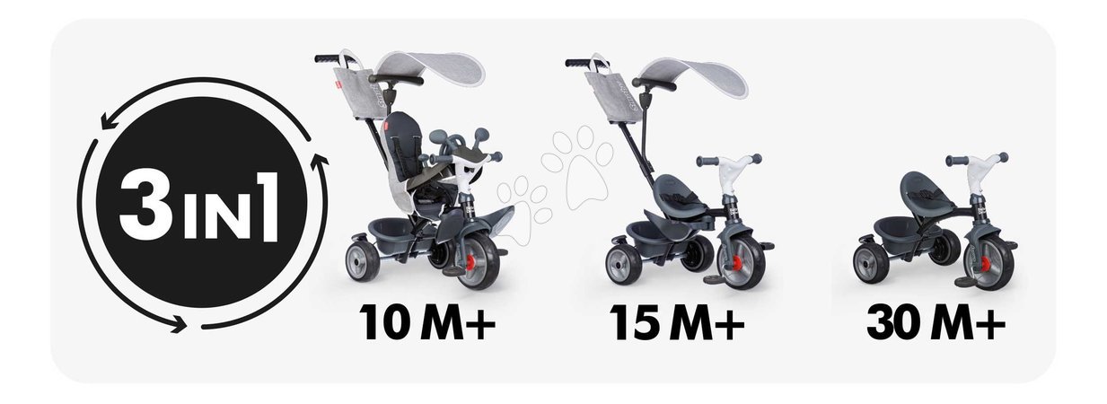 Kinderdreiräder ab 10 Monaten - Dreirad und Kinderwagen in einem mit Bremse Baby Driver Grey Tricycle Smoby - 2