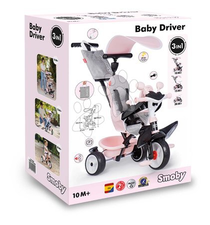 Tricicli dai 10 mesi - Triciclo e passeggino in uno con freno Baby Driver Pink Tricycle Smoby - 4