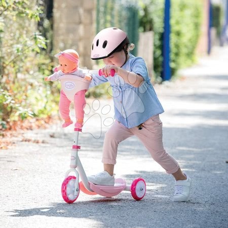 Rollerek - Szett háromkerekű roller Corolle Smoby kosárral és Mária játékbabával rózsaszin ruhácskában 30 cm_1
