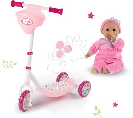Rollerek - Szett háromkerekű roller Corolle Smoby kosárral és Mária játékbabával rózsaszin ruhácskában 30 cm