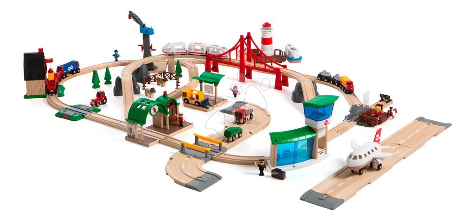 Holzeisenbahnen BRIO - Drevená vláčikodráha s letiskom a prístavom Deluxe World Railway Set BRIO