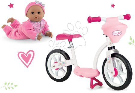 Odrážadlá sety - Set balančné odrážadlo s košíkom Corolle Comfort Smoby s bábikou Máriou v ružových šatách 30 cm