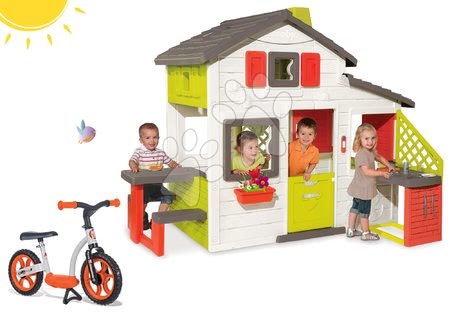 Hračky pre chlapcov - Set domček Priateľov Smoby s kuchynkou a zvončekom a balančné odrážadlo Learning Bike