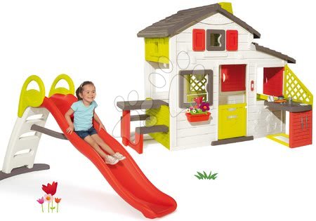 Hračky pro děti od 3 do 6 let - Set domeček Přátel Smoby s kuchyňkou a zvonkem a skluzavka Toboggan Funny 2 metrová