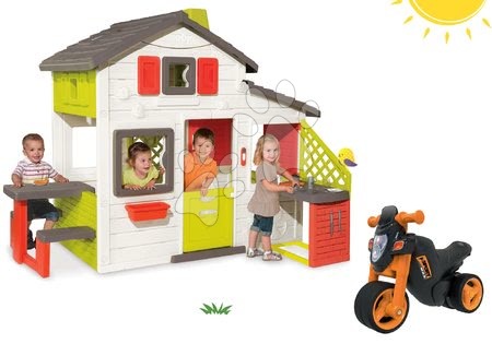 Hračky pre chlapcov - Set domček Priateľov Smoby s kuchynkou a zvončekom a odrážadlo motorka Sport Bike