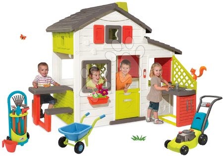 Detské domčeky - Set domček Priateľov Smoby s kuchynkou a zvončekom a fúrik so záhradným náradím a kosačkou