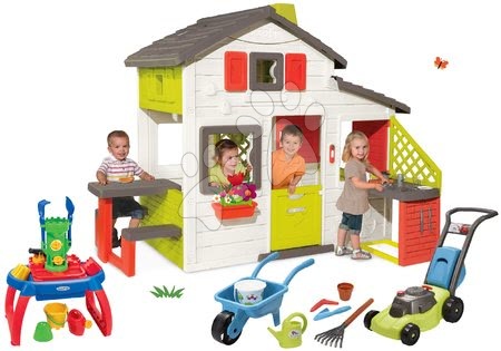 Hračky pre chlapcov - Set domček Priateľov Smoby s kuchynkou a zvončekom fúrik set s kosačkou a pieskovisko stolík