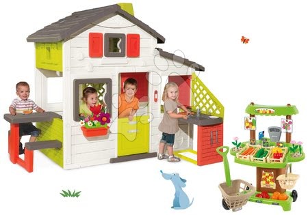 Hračky pre chlapcov - Set domček Priateľov Smoby s kuchynkou a zvončekom a zeleninový stánok Bio 100% Chef