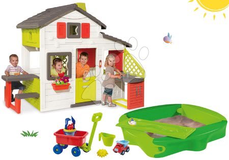 Domečky v setech - Set domeček Přátel s kuchyňkou Smoby a zvonkem, pískoviště Sandy s krytem a vozík