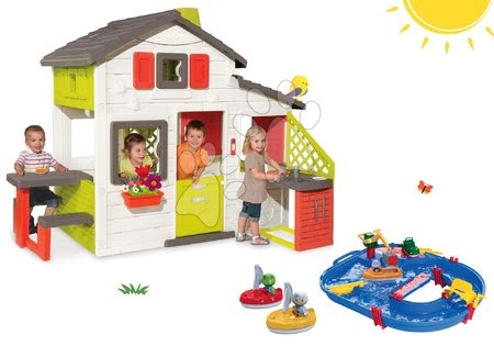 Hračky pre chlapcov - Set domček Priateľov Smoby s kuchynkou a vodná dráha Aquaplay Start Set s kontajnerom a 2 plachetnice