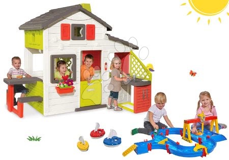 Hračky pro děti od 3 do 6 let - Set domeček Přátel Smoby s kuchyňkou, vodní dráha s jeřábem a 3 plachetnice