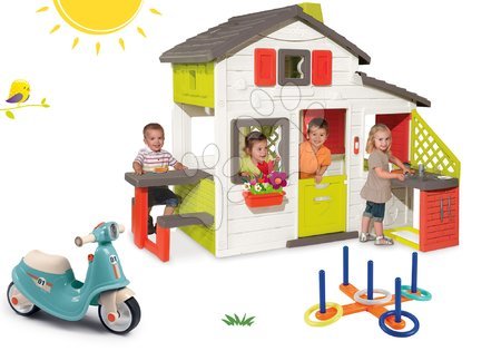 Hračky pro děti od 3 do 6 let - Set domeček Přátel s kuchyňkou Smoby a odrážedlo Scooter s gumovými koly a kruhy na házení