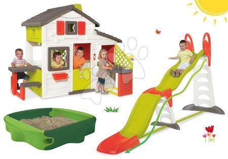 Jucării pentru copilași de la 3 la 6 ani - Set căsuţă Prieteni Smoby cu bucătărie, sonerie, tobogan Megagliss 2in1lungime 3,75/1,5 m cu nisipar