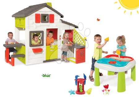 Hračky pre chlapcov - Set domček Priateľov Smoby s kuchynkou a zvončekom a stôl Voda&Piesok 2v1 s mlynom