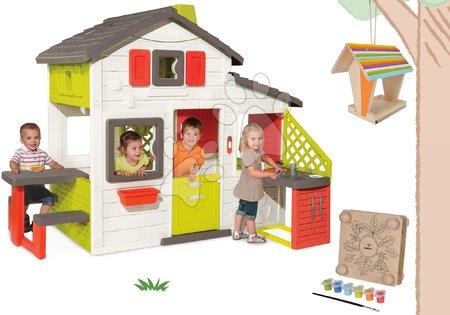 Hračky pro děti od 3 do 6 let - Set domeček Přátel Smoby s kuchyňkou a dřevěné krmítko pro ptáčky s herbářem na květiny