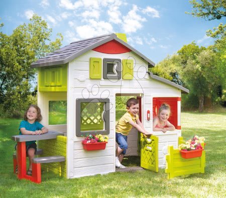 Domečky pro děti - Domeček Přátel prostorný Neo Friends House Smoby se zahrádkou rozšiřitelný 2 dveře 6 oken a piknik stolek 172 cm výška s UV filtrem_1