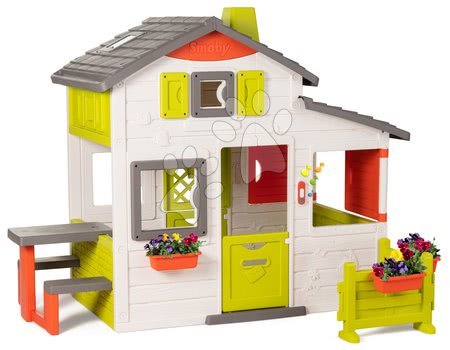 Igračke za djecu od 3 do 6 godina - Set kućica Prijatelja Smoby s prednjim vrtom i indijanski šator prirodni TeePee s dva stolića_1