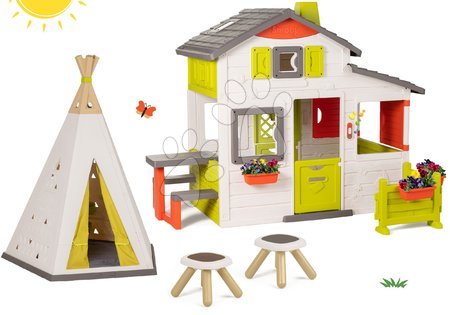 Játékok 3 - 6 éves gyerekeknek - Szett házikó Jóbarátok Smoby előkerttel és natúr indián sátor TeePee két taburettel