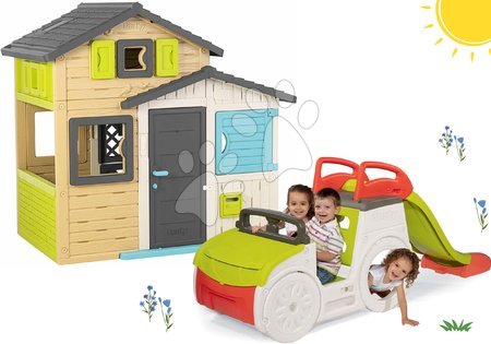 Játékok 3 - 6 éves gyerekeknek - Szett Jóbarátok házikó és autó mászóka homokozóval és csúszdával Friends House Evo Playhouse Smoby