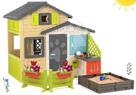Domečky s pískovištěm - Set domeček Přátel s pískovištěm na zahradě v elegantních barvách Friends House Evo Playhouse Smoby