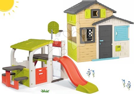 Kućice s penjalicom - Set kućice Prijatelja s centrom za igru s toboganom u elegantnim bojama Friends House Evo Playhouse Smoby