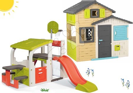 Vianočné darčeky pre deti - Set domček Priateľov s hracím centrom so šmykľavkou v elegantných farbách Friends House Evo Playhouse Smoby
