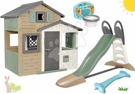 Smoby - Set căsuța Prietenilor ecologică în culori naturale cu baschet Friends Evo Playhouse Green Smoby