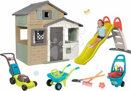 Dětské domečky - Set domeček Přátel ekologický v přírodních barvách a skluzavka Friends Evo Playhouse Green Smoby