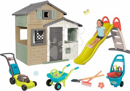 Domčeky v setoch - Set domček Priateľov ekologický v prírodných farbách a šmykľavka Friends Evo Playhouse Green Smoby