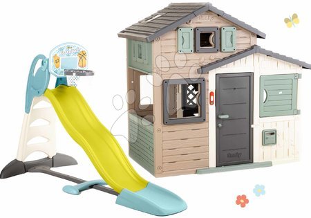 Detské domčeky - Set domček Priateľov ekologický v prírodných farbách s 2,3 m šmykľavkou Friends Evo Playhouse Green Smoby