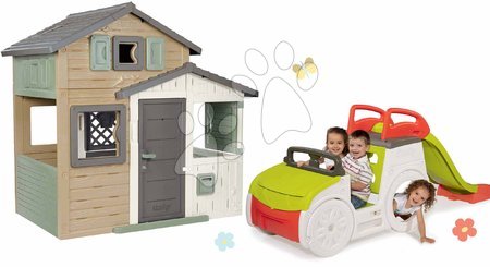 Detské domčeky - Set domček Priateľov ekologický v prírodných farbách s preliezačkou auto Friends Evo Playhouse Green Smoby