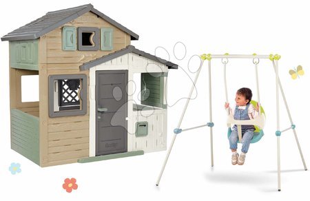 novi-proizvod - Set domček Priateľov ekologický v prírodných farbách a hojdačka 120 cm Baby Swing Friends Evo Playhouse Green Smoby