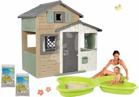 Jucării pentru copilași de la 3 la 6 ani - Set căsuța Prietenilor ecologică în culori naturale cu nisipar Fluture Friends Evo Playhouse Green Smoby