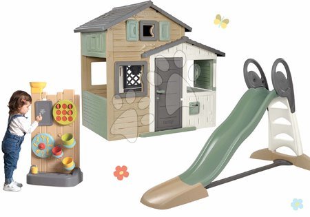 Domčeky v setoch - Set domček Priateľov ekologický v prírodných farbách a 2,3 m šmykľavka Friends Evo Playhouse Green Smoby