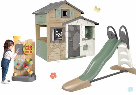 Smoby - Set domček Priateľov ekologický v prírodných farbách a 2,3 m šmykľavka Friends Evo Playhouse Green Smoby