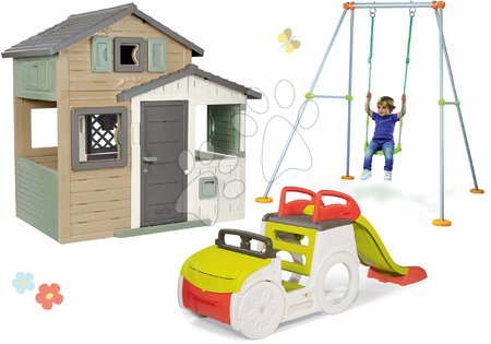 Domčeky v setoch - Set domček Priateľov ekologický v prírodných farbách s hojdačkou Friends Evo Playhouse Green Smoby