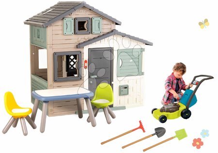 Játékok 3 - 6 éves gyerekeknek - Szett házikó Jóbarátok ökobarát natúr színekben kerti pihenőrésszel Friends Evo Playhouse Green Smoby