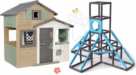 Kerti játszóházak - Szett házikó Jóbarátok ökobarát natúr színekben és 4-emeletes mászóka Giant Kraxxl Friends Evo Playhouse Smoby