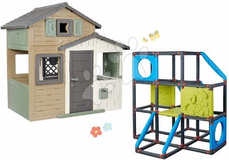 Spielhäuser - Set Öko-Spielhaus der Freunde in natürlichen Farben und Klettergerüst mit Kletterwänden Frame Friends Evo Playhouse Smoby