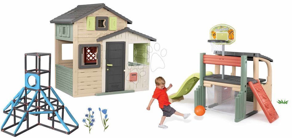 Smoby - Set de casa de amigos ecológica en colores naturales con centro de juegos Friends Evo Playhouse Green Smoby