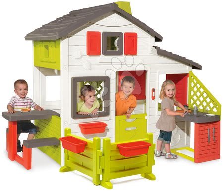 Jucării pentru copilași de la 3 la 6 ani - Set tobogan Toboggan XL cu jet de apă Smoby și căsuță Friends House cu bucătărie și grădină_1