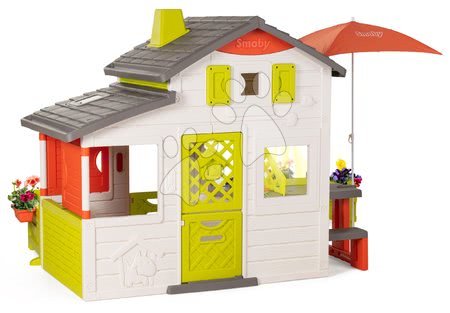 Igračke za djecu od 3 do 6 godina - Kućica Neo Friends House DeLuxe Smoby s osvjetljenom kuhinjom unutar kućice i kutkom za jelo pod suncobranom_1