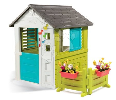 Otroške hišice - Hišica Pretty Blue Smoby 3 okna z 2 žaluzijami in premično naoknico, vrt in zvonček