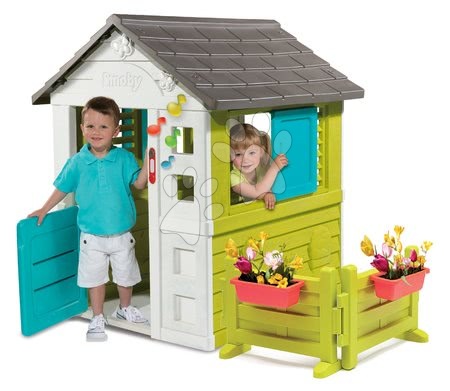 Otroške hišice - Hišica Pretty Blue Smoby 3 okna z 2 žaluzijami in premično naoknico, vrt in zvonček_1