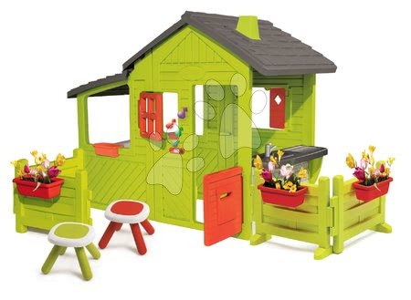 Hračky pro děti od 3 do 6 let - Domeček Zahradník Neo Floralie Smoby se zvonkem komínem a dvě zahrádky a dva stolky