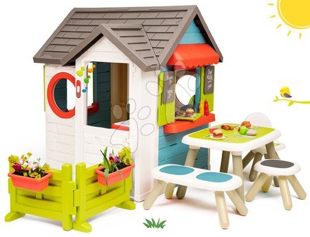 Domečky pro děti - Domeček se zahradní restaurací Chef House DeLuxe Smoby se zahradním posezením a se živým plotem
