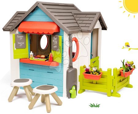 Domki dla dzieci - Domek z restauracją ogrodową Chef House DeLuxe Smoby z dwoma stołkami i ogródkiem